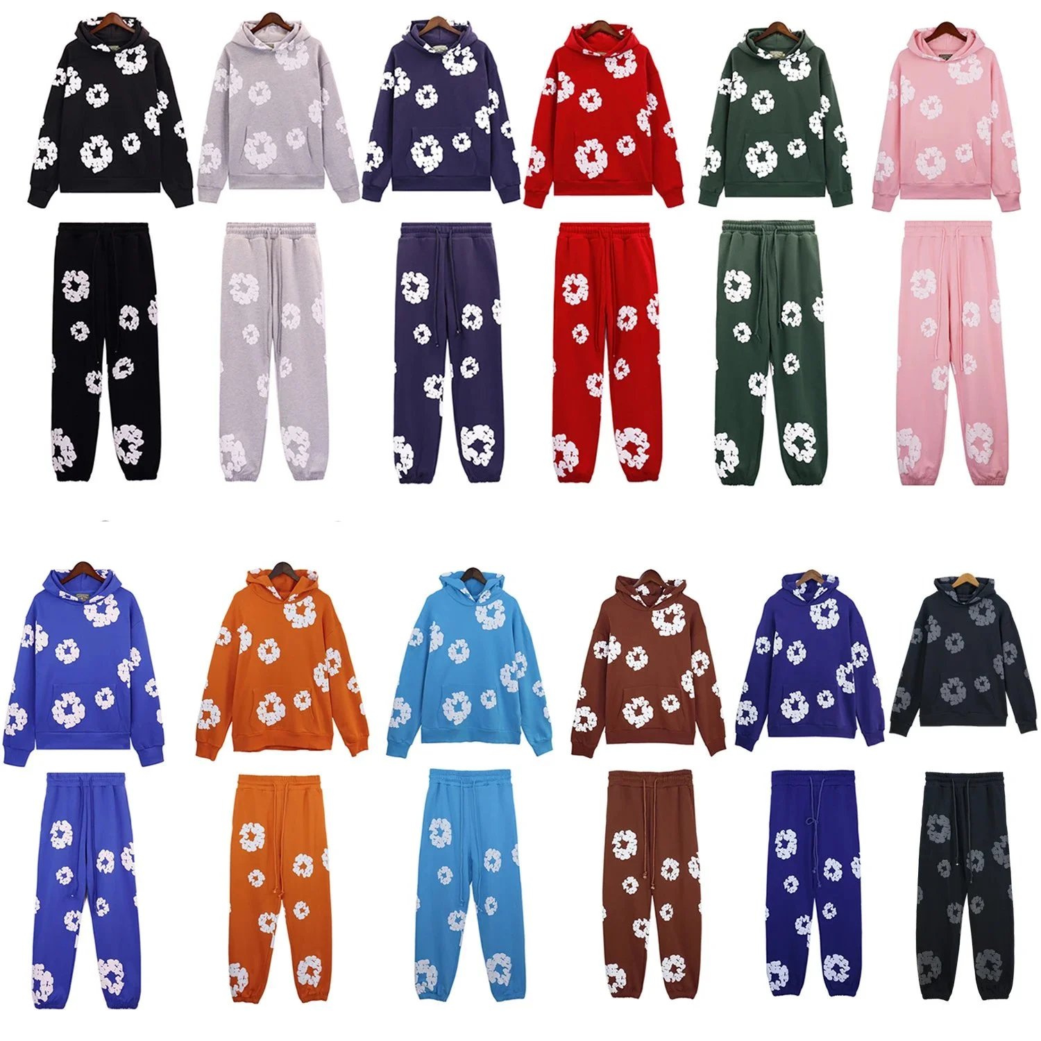 Kapok Hooded Sweatshirt with Foam Print, Loose Unisex Casual Set     
